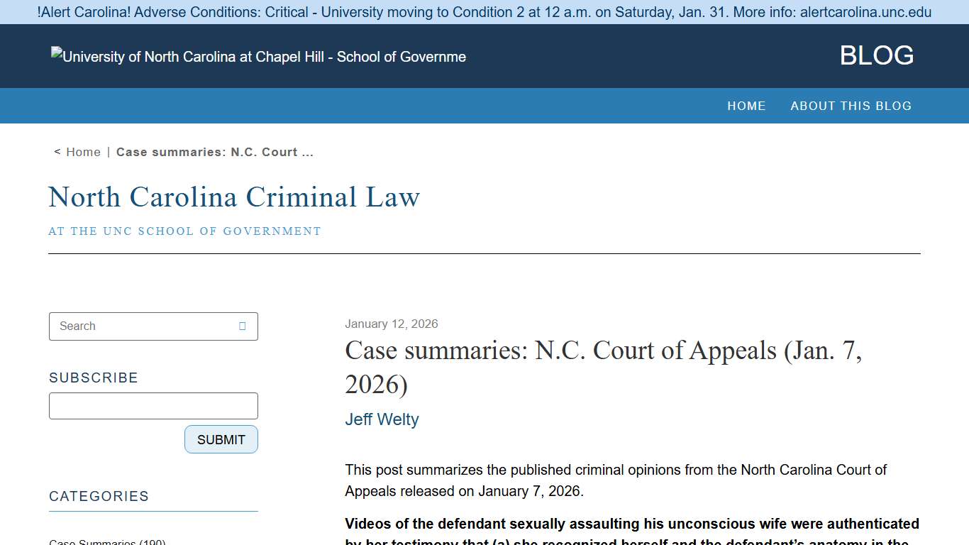Case summaries: N.C. Court of Appeals (Jan. 7, 2026) – North Carolina Criminal Law